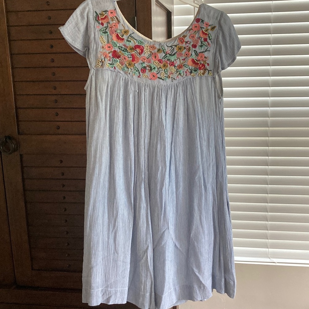 Size S. Philosophy dress. White and blue pinstripe with beaded neckline.